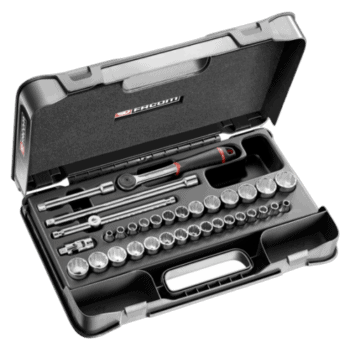 Facom 34-piece 3/8" metric and inch 12-point socket set in a black case with various sockets and tools.