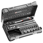 Facom 35-piece metric 3/8" socket and bit set in a durable plastic case, ideal for automotive and mechanical work.