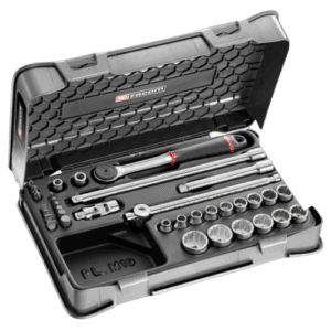 Facom 35-piece metric 3/8" socket and bit set in a durable plastic case, ideal for automotive and mechanical work.