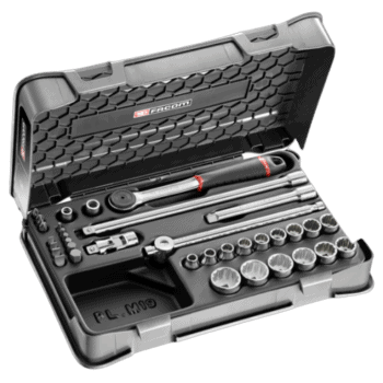 Facom 35-piece metric 3/8" socket and bit set in a durable plastic case, ideal for automotive and mechanical work.