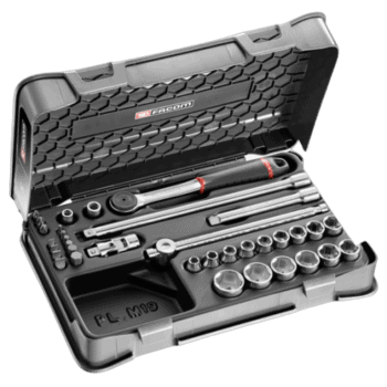Facom 35-piece 3/8" metric 6-point socket and bit set in a durable case, ideal for professional automotive and mechanical work.
