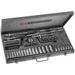 Facom 3/8" drive socket set with various bits and tools in a black case, ideal for professional mechanics.