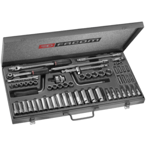 Facom 3/8" drive socket set with various bits and tools in a black case, ideal for professional mechanics.