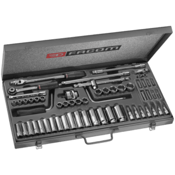 Facom 3/8" drive socket set with various bits and tools in a black case, ideal for professional mechanics.