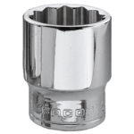 Close-up of a Facom J-3/8" metric 12-point socket in chrome finish, showing detailed internal and external design.