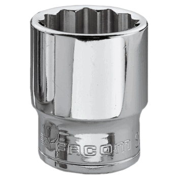 Close-up of a Facom J-3/8" metric 12-point socket in chrome finish, showing detailed internal and external design.