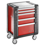 Facom JET+ 5-drawer roller cabinet with red drawers and grey frame, ideal for workshop storage.