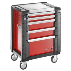 Facom JET+ 5-drawer roller cabinet with red drawers and grey frame, ideal for workshop storage.