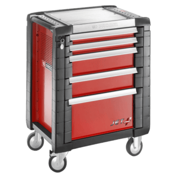 Facom JET+ 5-drawer roller cabinet with red drawers and grey frame, ideal for workshop storage.