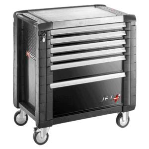 Facom JET+ 6-drawer roller cabinet with four modules per drawer, black and grey, on wheels, for professional tool storage.