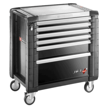 Facom JET+ 6-drawer roller cabinet with four modules per drawer, black and grey, on wheels, for professional tool storage.