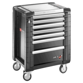 Facom JET+ 7-drawer roller cabinet with three modules per drawer, durable construction, and mobility wheels for workshop organisation.