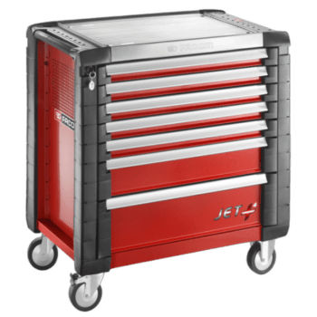 Facom JET+ 7-drawer roller cabinet with red and grey finish, featuring multiple drawers and lockable compartments for tool storage.
