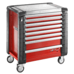 Facom JET+ 8-drawer roller cabinet with red and grey finish, mobile with four wheels, ideal for workshop storage.