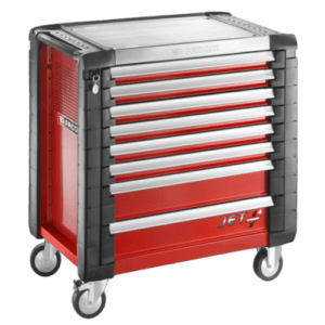 Facom JET+ 8-drawer roller cabinet with red and grey finish, mobile with four wheels, ideal for workshop storage.