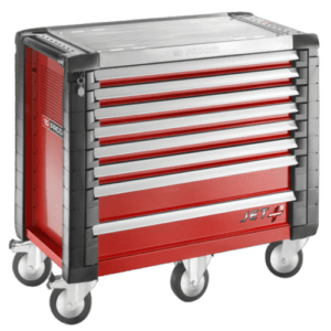 Facom JET+ 8-drawer roller cabinet with red and grey finish, featuring multiple drawers for tool storage, on caster wheels for mobility.