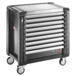 Grand Prix Racewear JET+ 9-drawer roller cabinet with four modules per drawer, sturdy construction, and mobility wheels for workshop organisation.