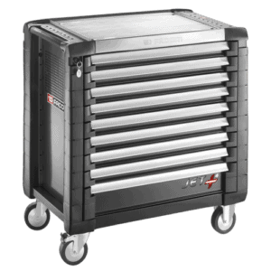 Grand Prix Racewear JET+ 9-drawer roller cabinet with four modules per drawer, sturdy construction, and mobility wheels for workshop organisation.