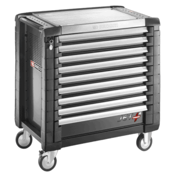 Grand Prix Racewear JET+ 9-drawer roller cabinet with four modules per drawer, sturdy construction, and mobility wheels for workshop organisation.