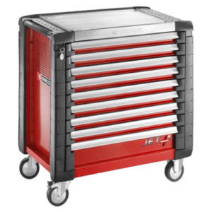 Facom JET+ 9-drawer roller cabinet with red and grey finish, ideal for professional workshop storage.