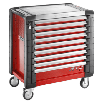 Facom JET+ 9-drawer roller cabinet with red and grey finish, ideal for professional workshop storage.