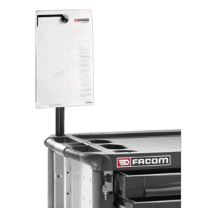 Facom repair order holder attached to a professional tool trolley with a black background.