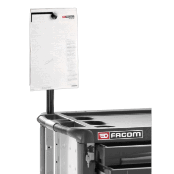 Facom repair order holder attached to a professional tool trolley with a black background.