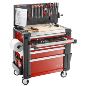 Facom tool chest with wooden worktop, containing various hand tools and accessories, on a mobile cart for workshop use.