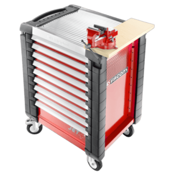 Facom JET.A17 vice holder with multiple drawers and a wooden work surface, designed for professional workshop use.