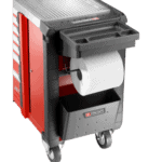 Facom workshop trolley with paper roll holder and compartmented magnetic shelf for tools and accessories.