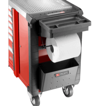 Facom workshop trolley with paper roll holder and compartmented magnetic shelf for tools and accessories.
