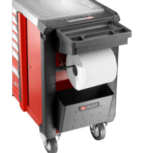 Facom cleaning kit on a mobile cart with paper towel roll and storage compartments, ideal for workshop maintenance.