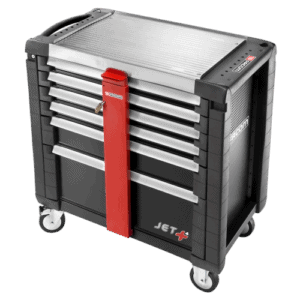 Facom JET+ anti-theft tool chest with multiple drawers and red security bar, ideal for professional workshops.