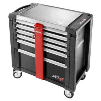 Facom JET+ anti-theft tool chest with multiple drawers and red security bar, ideal for professional workshops.