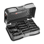 Facom impact socket set with 14 impact bits in a black plastic case, ideal for professional automotive and mechanical work.