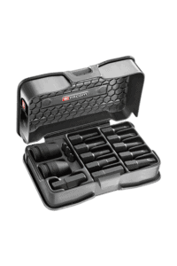 Facom impact socket set with 14 impact bits in a black plastic case, ideal for professional automotive and mechanical work.