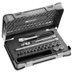 Facom 18-piece 3/8 metric 12-point socket set in a durable case, ideal for automotive and mechanical work.