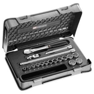 Facom 18-piece 3/8 metric 12-point socket set in a durable case, ideal for automotive and mechanical work.