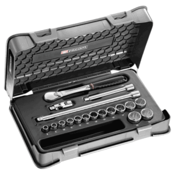 Facom 18-piece 3/8 metric 12-point socket set in a durable case, ideal for automotive and mechanical work.