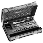 Facom 16-piece 3/8 inch 12-point socket set in a black plastic case with various sockets and tools.