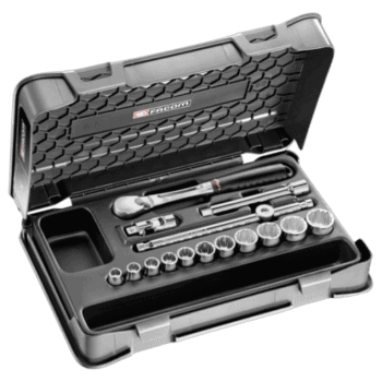 Facom 16-piece 3/8 inch 12-point socket set in a black plastic case with various sockets and tools.