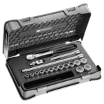Facom 18-piece 3/8 metric 6-point socket set in a durable case, ideal for professional mechanics and DIY enthusiasts.