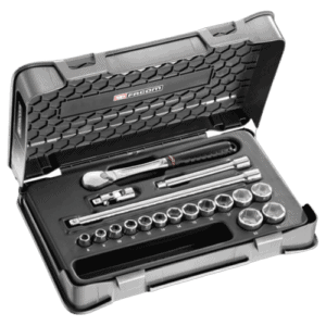 Facom 18-piece 3/8 metric 6-point socket set in a durable case, ideal for professional mechanics and DIY enthusiasts.