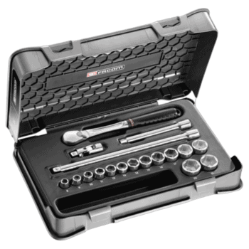 Facom 18-piece 3/8 metric 6-point socket set in a durable case, ideal for professional mechanics and DIY enthusiasts.