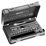 Facom 20-piece 3/8 metric 12-point socket set in a durable case, ideal for professional automotive and mechanical work.