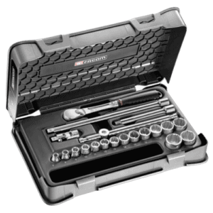 Facom 20-piece 3/8 metric 12-point socket set in a durable case, ideal for professional automotive and mechanical work.