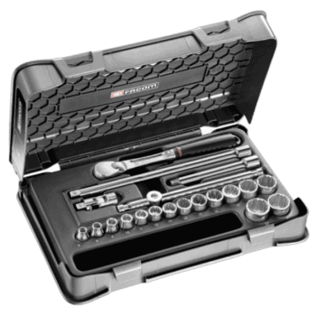 Facom 20-piece 3/8 metric 12-point socket set in a durable case, ideal for professional automotive and mechanical work.