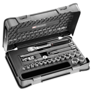 Facom 20-piece 3/8 metric 6-point socket set in a durable case, ideal for automotive and mechanical work.