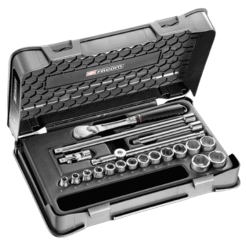 Facom 20-piece 3/8 metric 6-point socket set in a durable case, ideal for automotive and mechanical work.
