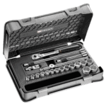 Facom 20-piece 3/8 inch metric 12-point socket set in a durable case, ideal for professional mechanics and DIY enthusiasts.